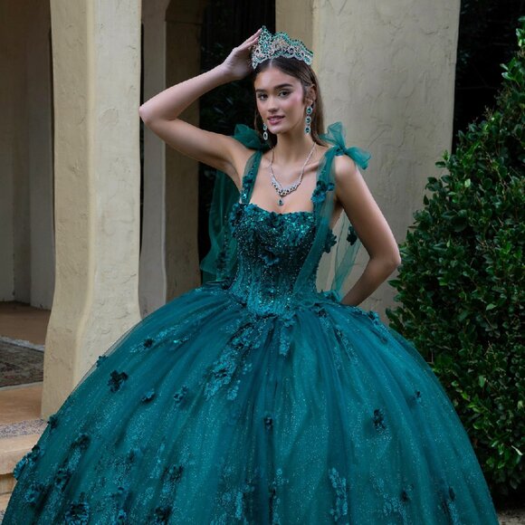 New Long Quinceanera Tulle Gown w/ Floral Applique & Sequins Embroidery GL3529